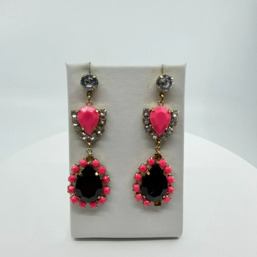 Earrings Neon Pink Black Rhinestone Teardrop Dangle Gold Tone Bold Statement
